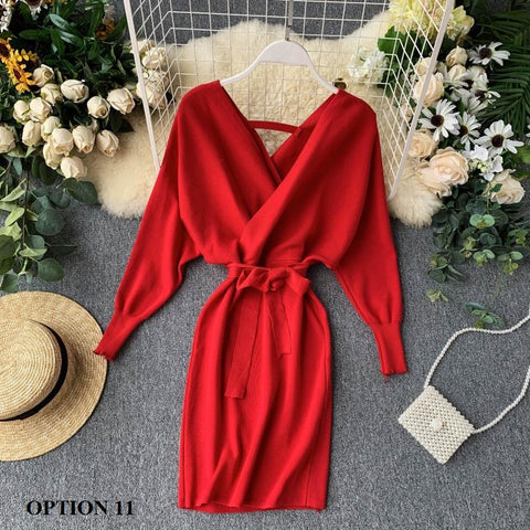 New Winter Collection  Elegant Outfit with Long Batwing Sleeves, V-Neck, Knit Sweater Dress CODE: KAR1223