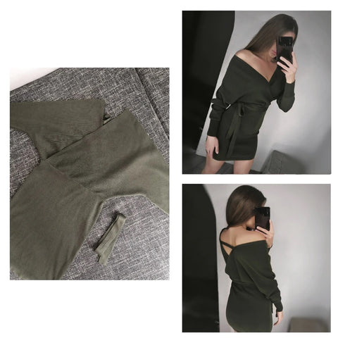 New Winter Collection  Elegant Outfit with Long Batwing Sleeves, V-Neck, Knit Sweater Dress CODE: KAR1223