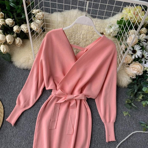 New Winter Collection  Elegant Outfit with Long Batwing Sleeves, V-Neck, Knit Sweater Dress CODE: KAR1223