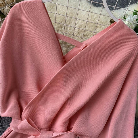 New Winter Collection  Elegant Outfit with Long Batwing Sleeves, V-Neck, Knit Sweater Dress CODE: KAR1223