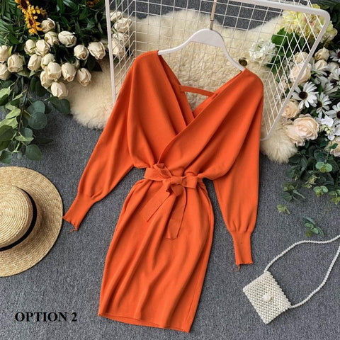 New Winter Collection  Elegant Outfit with Long Batwing Sleeves, V-Neck, Knit Sweater Dress CODE: KAR1223