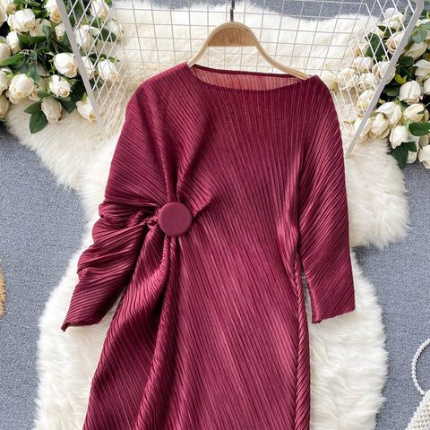 New Chic and Simple Outfit, Solid Color with Pleats, Straight Round Neck Midi Dress CODE: KAR1225
