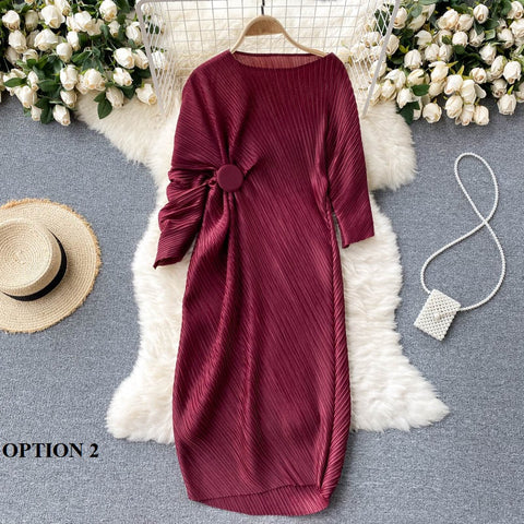 New Chic and Simple Outfit, Solid Color with Pleats, Straight Round Neck Midi Dress CODE: KAR1225