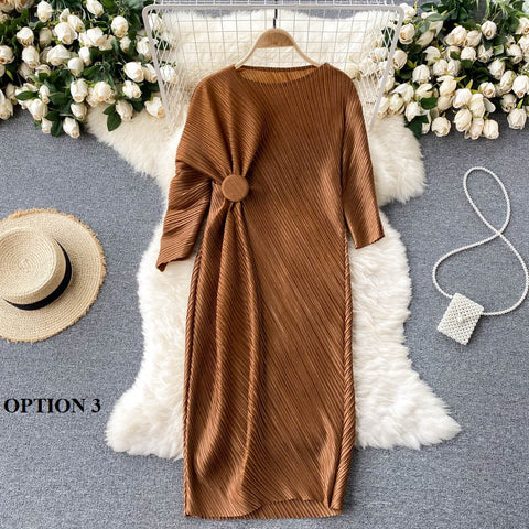 New Chic and Simple Outfit, Solid Color with Pleats, Straight Round Neck Midi Dress CODE: KAR1225