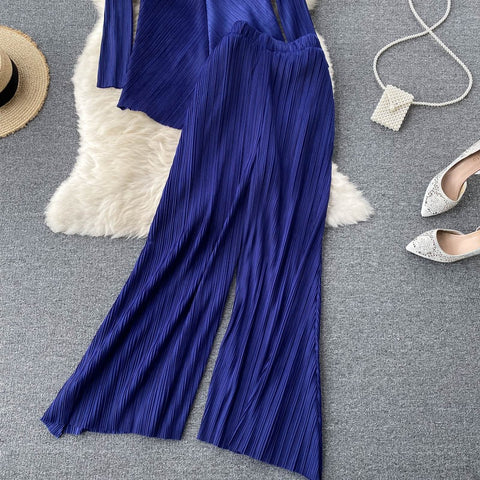 New Long Sleeve V-Neck Top, Wide Legs, Solid Color Pleated Two Piece Set CODE: KAR1226