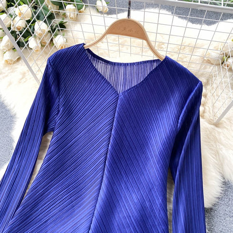 New Long Sleeve V-Neck Top, Wide Legs, Solid Color Pleated Two Piece Set CODE: KAR1226