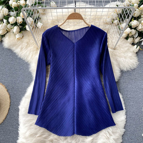 New Long Sleeve V-Neck Top, Wide Legs, Solid Color Pleated Two Piece Set CODE: KAR1226