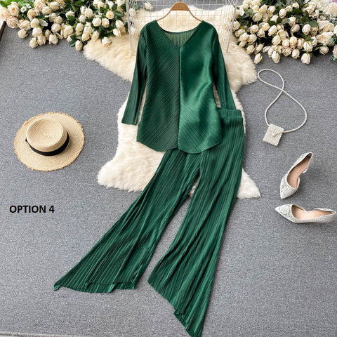 New Long Sleeve V-Neck Top, Wide Legs, Solid Color Pleated Two Piece Set CODE: KAR1226
