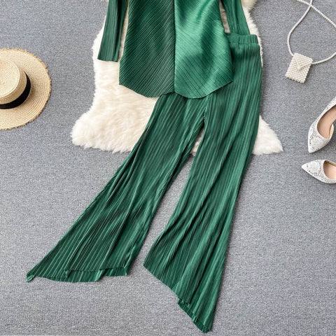 New Long Sleeve V-Neck Top, Wide Legs, Solid Color Pleated Two Piece Set CODE: KAR1226