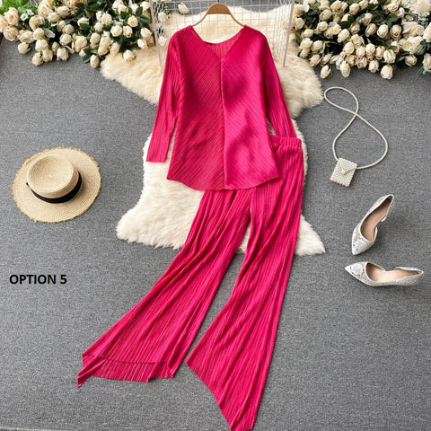 New Long Sleeve V-Neck Top, Wide Legs, Solid Color Pleated Two Piece Set CODE: KAR1226
