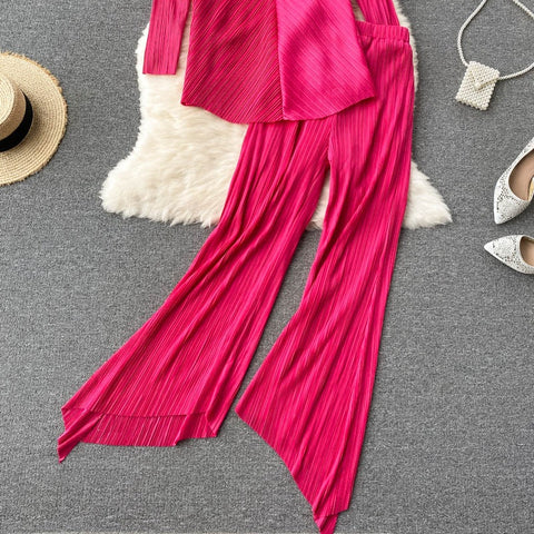 New Long Sleeve V-Neck Top, Wide Legs, Solid Color Pleated Two Piece Set CODE: KAR1226