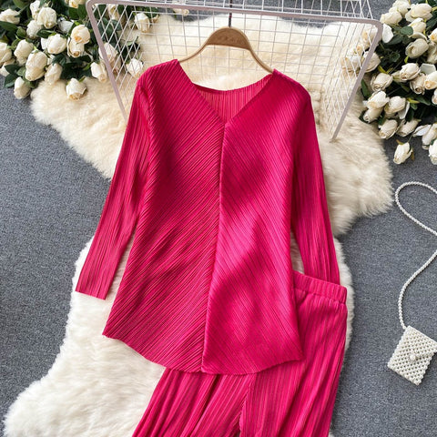 New Long Sleeve V-Neck Top, Wide Legs, Solid Color Pleated Two Piece Set CODE: KAR1226