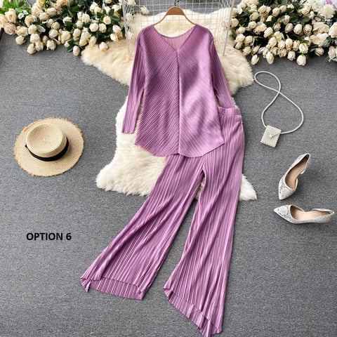 New Long Sleeve V-Neck Top, Wide Legs, Solid Color Pleated Two Piece Set CODE: KAR1226