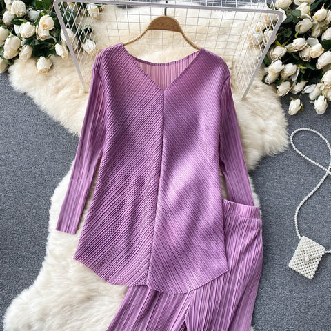 New Long Sleeve V-Neck Top, Wide Legs, Solid Color Pleated Two Piece Set CODE: KAR1226