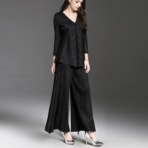 New Long Sleeve V-Neck Top, Wide Legs, Solid Color Pleated Two Piece Set CODE: KAR1226