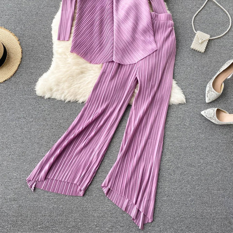 New Long Sleeve V-Neck Top, Wide Legs, Solid Color Pleated Two Piece Set CODE: KAR1226