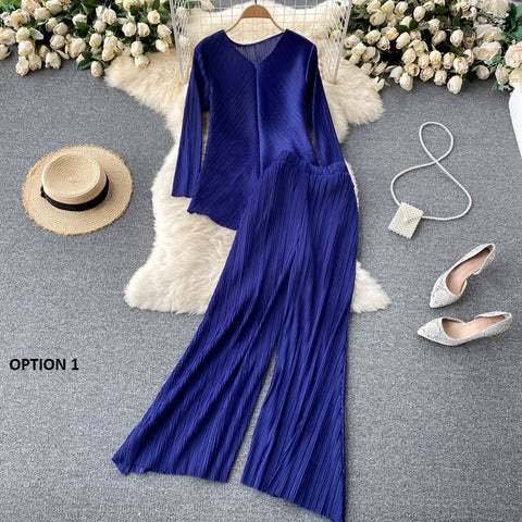 New Long Sleeve V-Neck Top, Wide Legs, Solid Color Pleated Two Piece Set CODE: KAR1226
