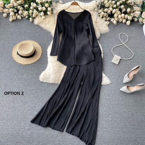 New Long Sleeve V-Neck Top, Wide Legs, Solid Color Pleated Two Piece Set CODE: KAR1226