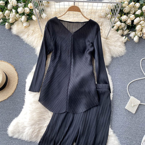 New Long Sleeve V-Neck Top, Wide Legs, Solid Color Pleated Two Piece Set CODE: KAR1226