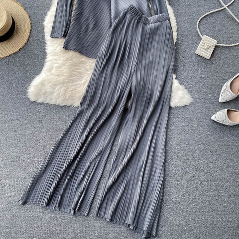 New Long Sleeve V-Neck Top, Wide Legs, Solid Color Pleated Two Piece Set CODE: KAR1226