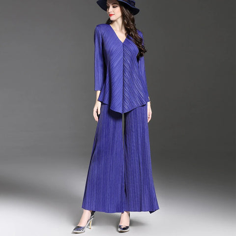 New Long Sleeve V-Neck Top, Wide Legs, Solid Color Pleated Two Piece Set CODE: KAR1226