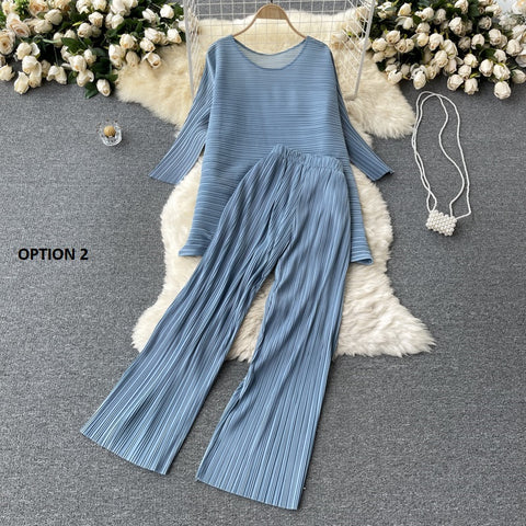 New Long Sleeve Round Neck Casual Loose Tops + High Waist Wide Leg Long Pants Two Piece Set CODE: KAR1227