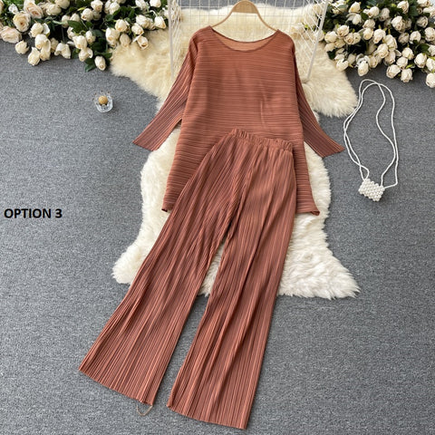New Long Sleeve Round Neck Casual Loose Tops + High Waist Wide Leg Long Pants Two Piece Set CODE: KAR1227
