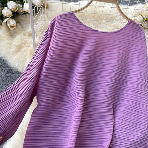 New Long Sleeve Round Neck Casual Loose Tops + High Waist Wide Leg Long Pants Two Piece Set CODE: KAR1227