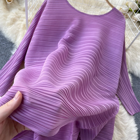 New Long Sleeve Round Neck Casual Loose Tops + High Waist Wide Leg Long Pants Two Piece Set CODE: KAR1227