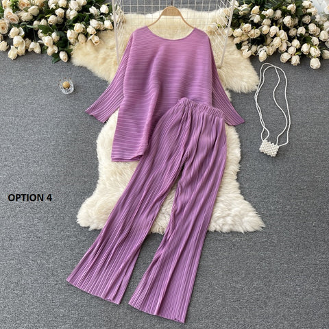 New Long Sleeve Round Neck Casual Loose Tops + High Waist Wide Leg Long Pants Two Piece Set CODE: KAR1227
