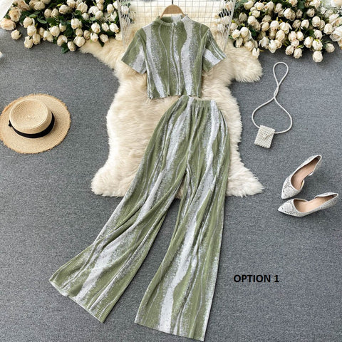 New short sleeve top and high waist pants, pleated Two piece Set CODE: KAR1229