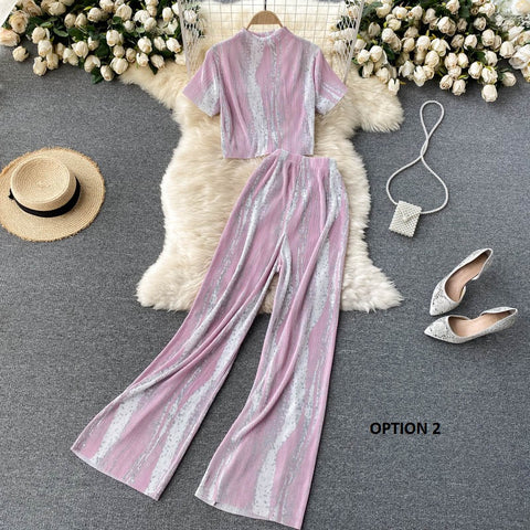 New short sleeve top and high waist pants, pleated Two piece Set CODE: KAR1229