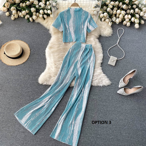 New short sleeve top and high waist pants, pleated Two piece Set CODE: KAR1229