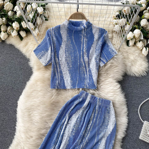 New short sleeve top and high waist pants, pleated Two piece Set CODE: KAR1229