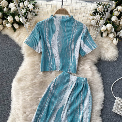 New short sleeve top and high waist pants, pleated Two piece Set CODE: KAR1229