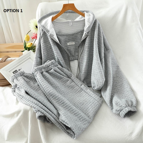 New Solid Color, Zipper, Hoodie, Camis, Harem Pants, Stretch Waist, Trendy Suit 3 Piece Set CODE: KAR1230
