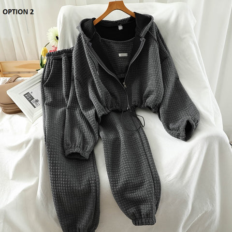 New Solid Color, Zipper, Hoodie, Camis, Harem Pants, Stretch Waist, Trendy Suit 3 Piece Set CODE: KAR1230