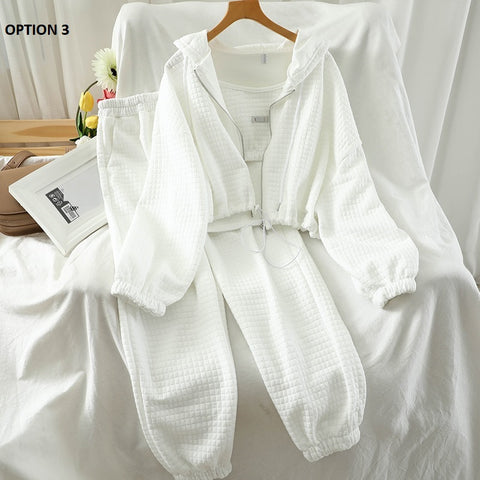 New Solid Color, Zipper, Hoodie, Camis, Harem Pants, Stretch Waist, Trendy Suit 3 Piece Set CODE: KAR1230