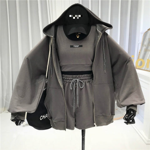 New Casual Sexy Three Piece Set Matching Everything Waistcoat, Shorts, Hooded Zipper Jacket CODE: KAR1233