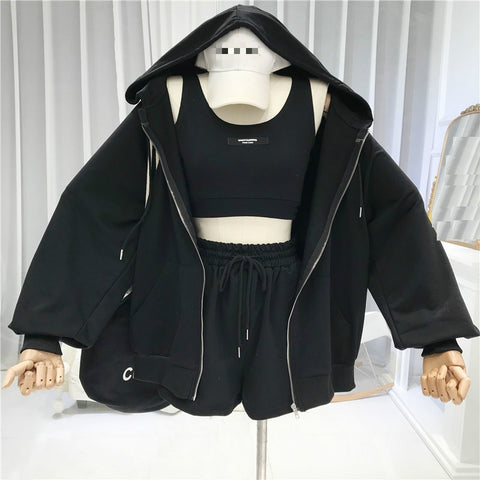New Casual Sexy Three Piece Set Matching Everything Waistcoat, Shorts, Hooded Zipper Jacket CODE: KAR1233