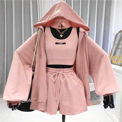 New Casual Sexy Three Piece Set Matching Everything Waistcoat, Shorts, Hooded Zipper Jacket CODE: KAR1233