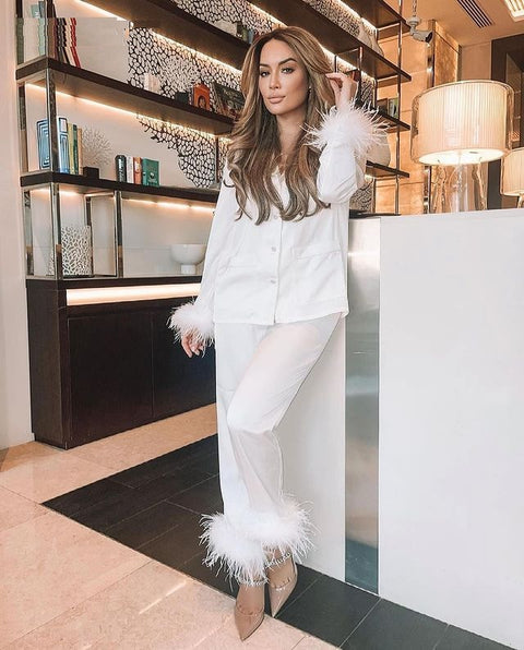 New  Feathers, Long Sleeves, Notched Collar, Single Breasted, Top, Loose Pants 2 Piece Set CODE: KAR1236