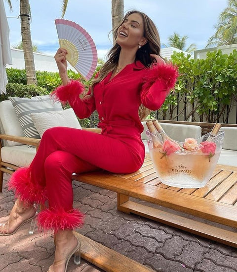 New  Feathers, Long Sleeves, Notched Collar, Single Breasted, Top, Loose Pants 2 Piece Set CODE: KAR1236