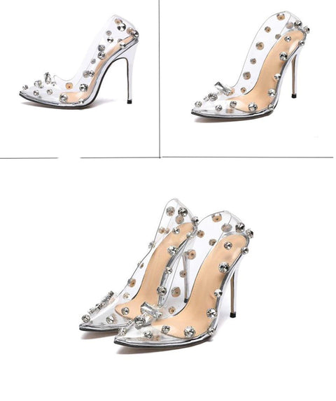 Transparent Crystal Rivets Shallow Thin High Heel CODE: KAR1238