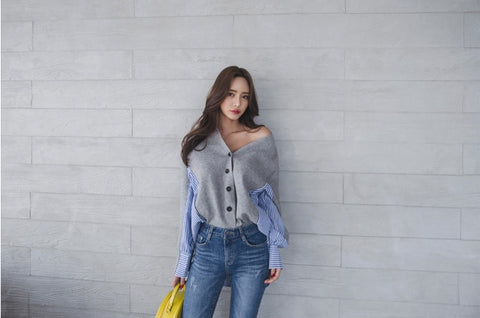 V-neck wool cardigan, pretty with buttons, in patchwork top CODE: KAR1243