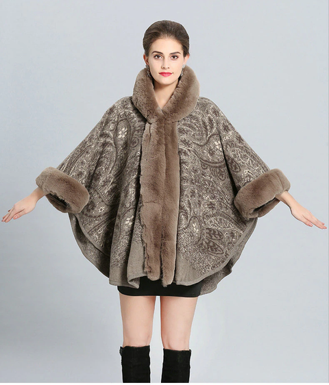 Knitted Cardigan in Faux Rabbit Fur, Thick Warm, Cashmere Flower Collar, Hooded, Poncho CODE: KAR1244