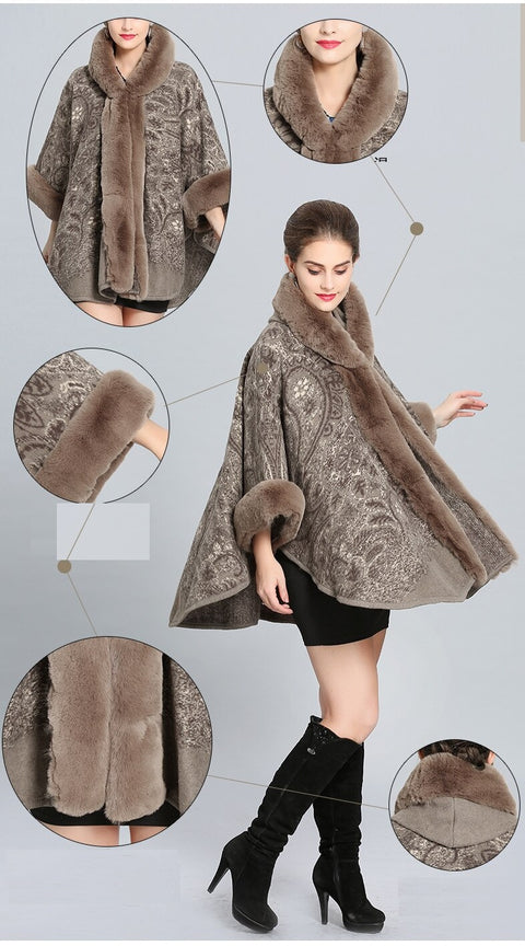 Knitted Cardigan in Faux Rabbit Fur, Thick Warm, Cashmere Flower Collar, Hooded, Poncho CODE: KAR1244