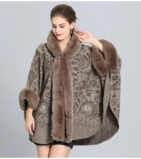 Knitted Cardigan in Faux Rabbit Fur, Thick Warm, Cashmere Flower Collar, Hooded, Poncho CODE: KAR1244