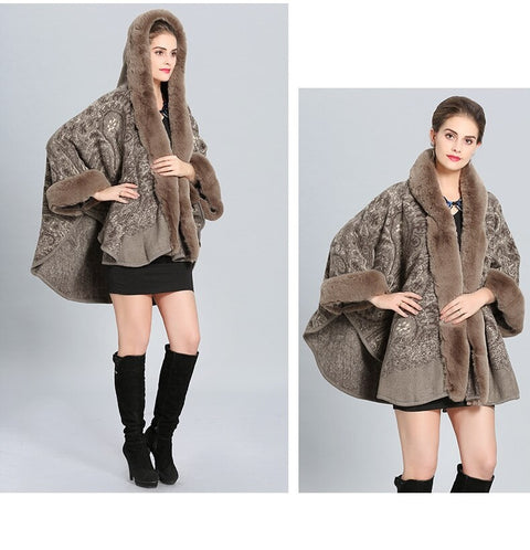 Knitted Cardigan in Faux Rabbit Fur, Thick Warm, Cashmere Flower Collar, Hooded, Poncho CODE: KAR1244
