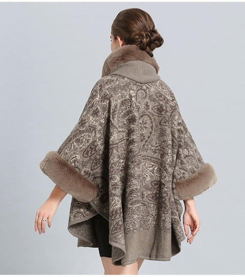 Knitted Cardigan in Faux Rabbit Fur, Thick Warm, Cashmere Flower Collar, Hooded, Poncho CODE: KAR1244